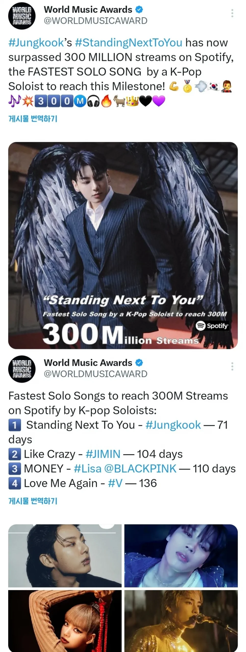 BTS ジョングク「Standing Next to You」 Spotify が 3 億セールスを突破…リリースからわずか 71 日で「K-POP ソロ アーティストとしては最速」