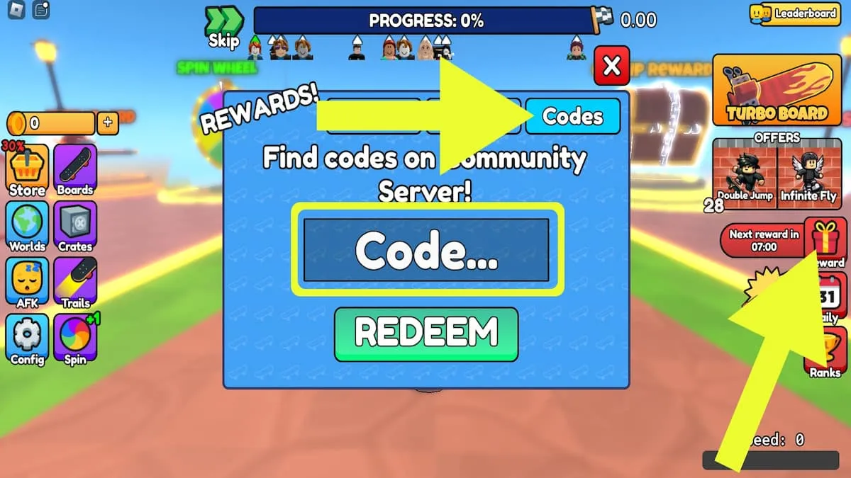 Comment utiliser les codes dans Skateboard Obby