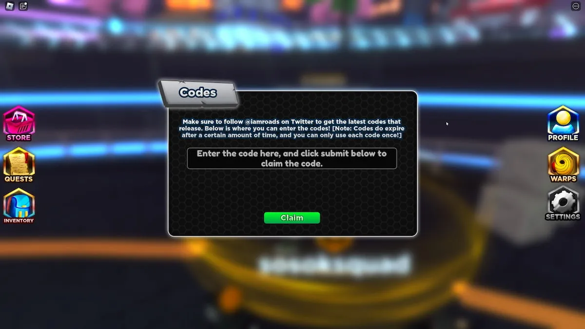 Interface de resgate de código do Anime Clash