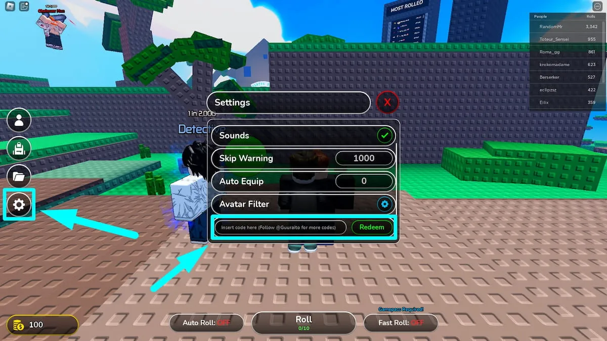 Code redemption interface in Anime RNG Roblox Game