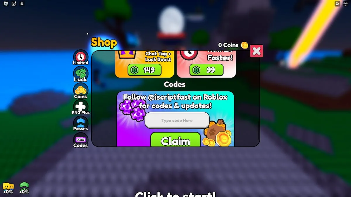 Menu d'échange de codes dans l'expérience Aura RNG Roblox