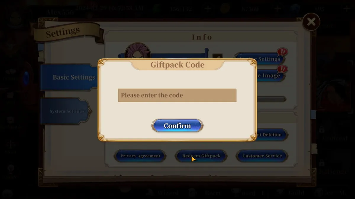 Codes redemption interface in Fairy Tail Fierce Fight