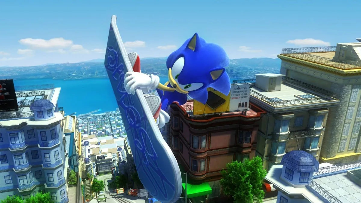 Sonic zooming over a city skyline in the Sonic x Shadow Generations remaster of Sonic Generations