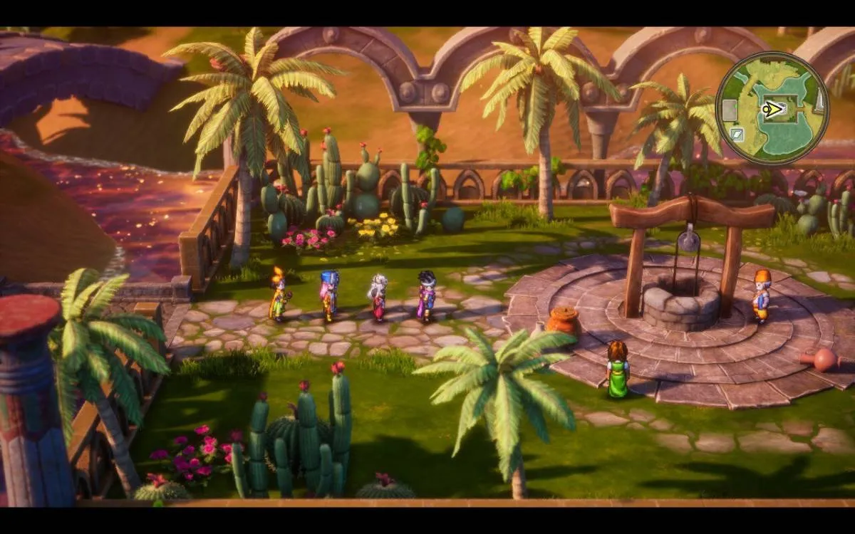 Ciudad al anochecer en Dragon Quest III HD-2D