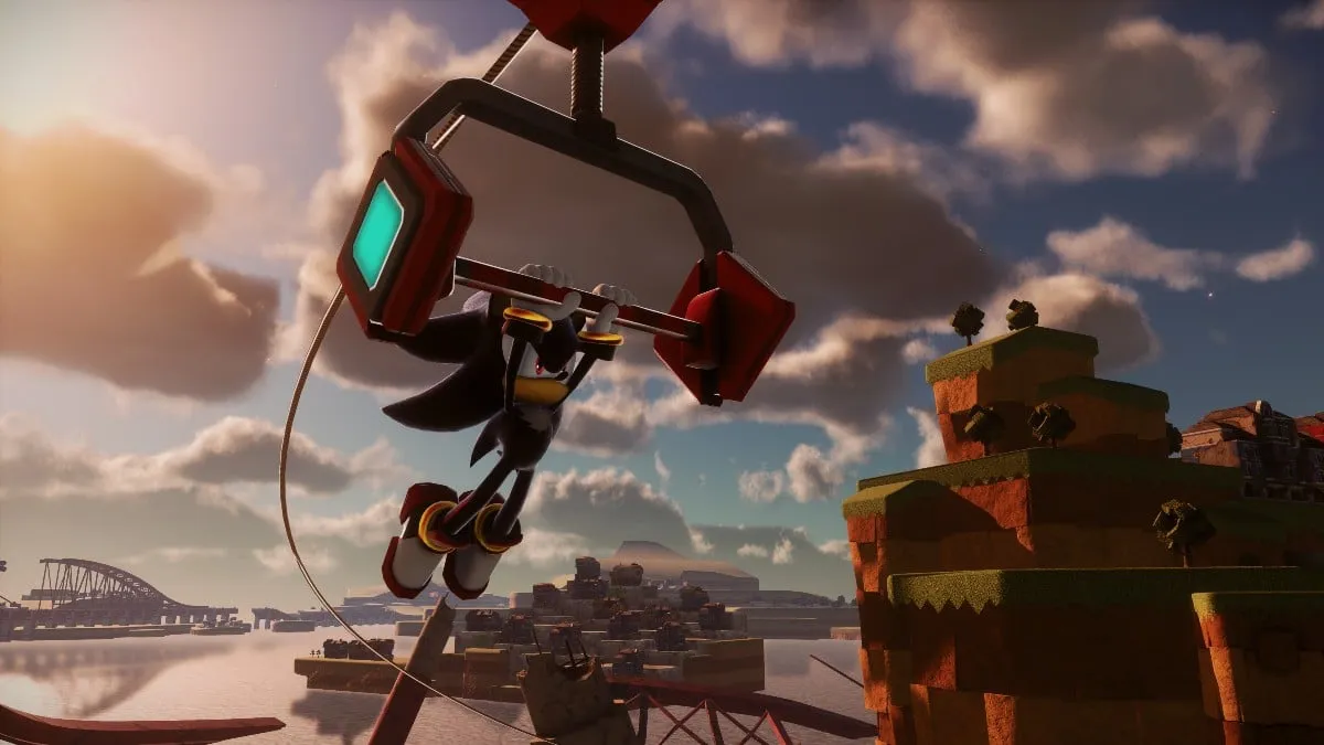 Shadow riding a zipline in Shadow Generations